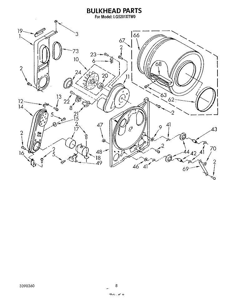 BULKHEAD Diagram and Parts List for LG5201XTW0  Whirlpool Dryer