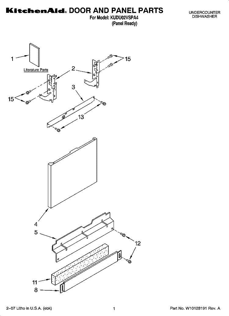 DOOR AND PANEL PARTS Diagram and Parts List for KUDU02VSPA4  KitchenAid Dishwasher