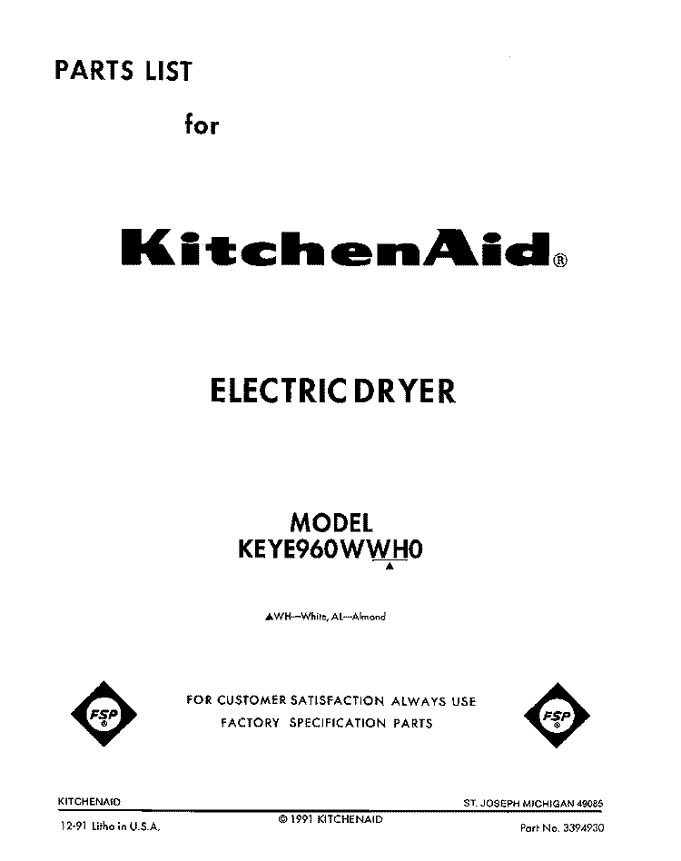 SECTION Diagram and Parts List for KEYE960WWH0  KitchenAid Dryer