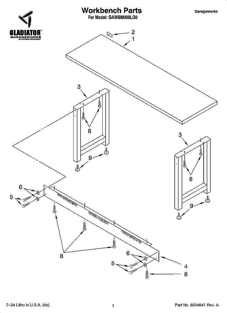 Workbench Parts Diagram and Parts List for GAWBM008LG0  Whirlpool Workbench