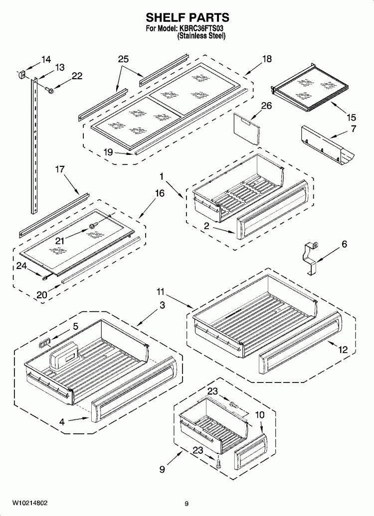 SHELF PARTS Diagram and Parts List for KBRC36FTS03  KitchenAid Refrigerator