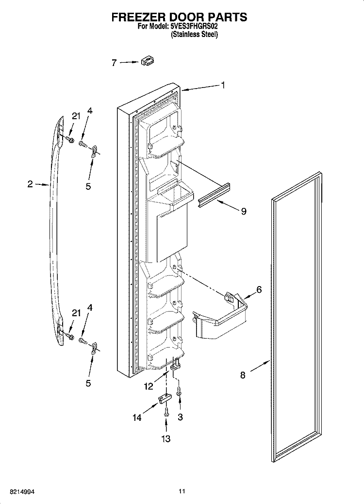 FREEZER DOOR PARTS Diagram and Parts List for 5VES3FHGRS02  Whirlpool Refrigerator