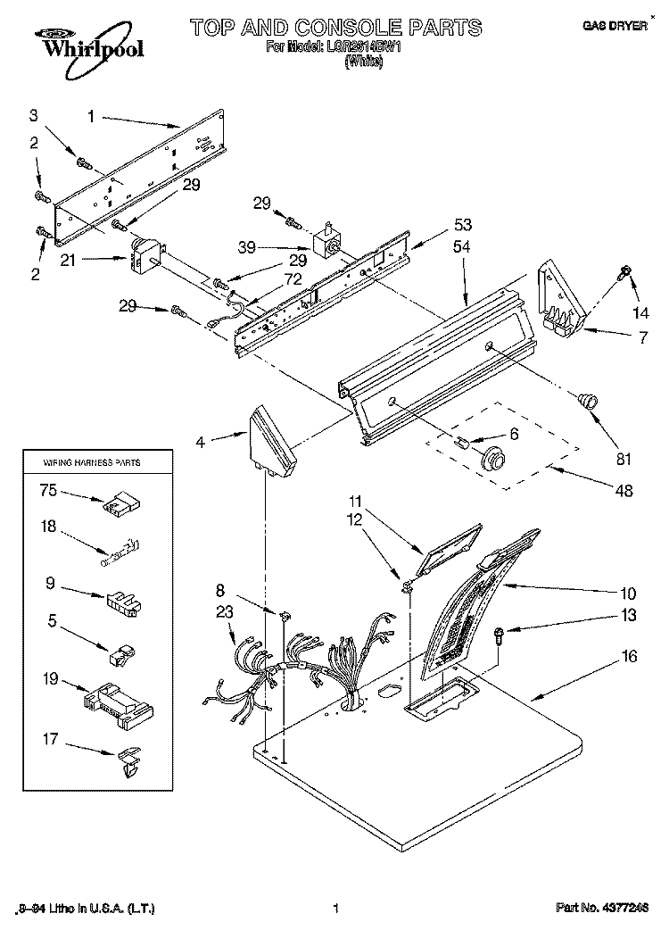 TOP AND CONSOLE, LIT/OPTIONAL Diagram and Parts List for LGR2614BW1  Whirlpool Dryer