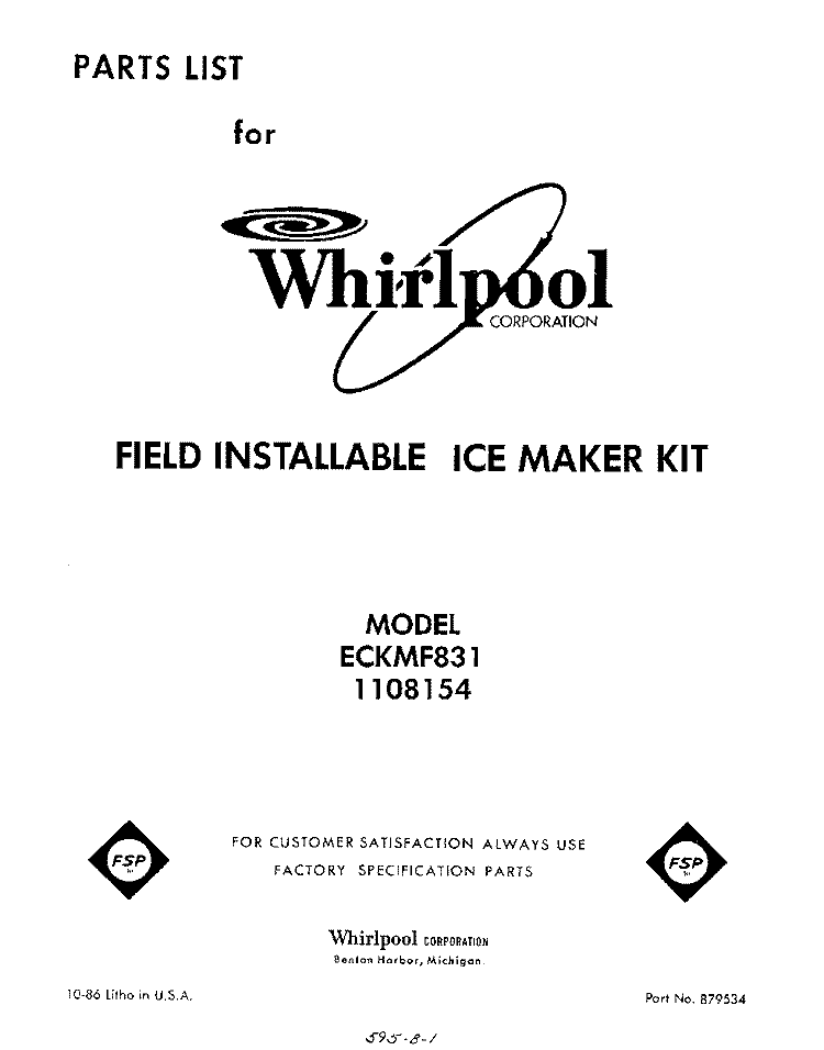 SECTION Diagram and Parts List for ECKMF831  Whirlpool Ice Maker