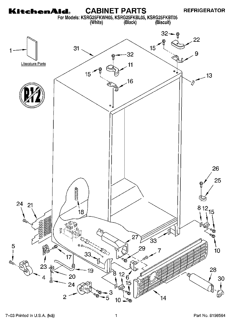 CABINET PARTS Diagram and Parts List for KSRG25FKBL05  KitchenAid Refrigerator