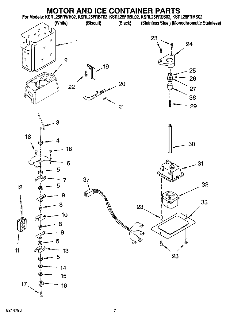 MOTOR AND ICE CONTAINER PARTS Diagram and Parts List for KSRL25FRBL02  KitchenAid Refrigerator