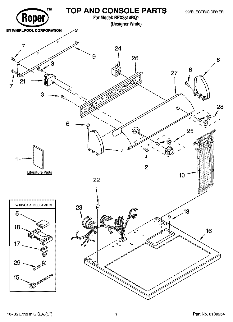 TOP AND CONSOLE PARTS Diagram and Parts List for REX3514RQ1  Roper Dryer