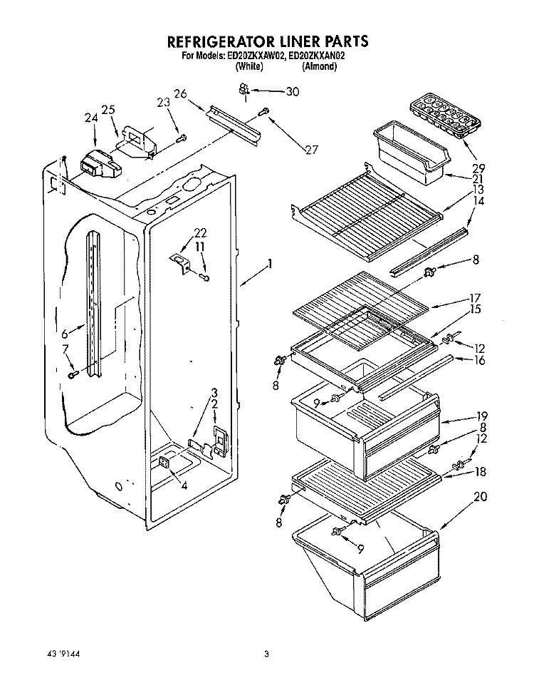 REFRIGERATOR LINER Diagram and Parts List for ED20ZKXAN02  Whirlpool Refrigerator