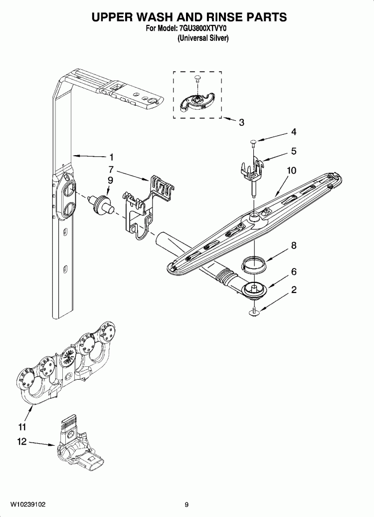 UPPER WASH AND RINSE PARTS Diagram and Parts List for 7GU3800XTVY0  Whirlpool Dishwasher
