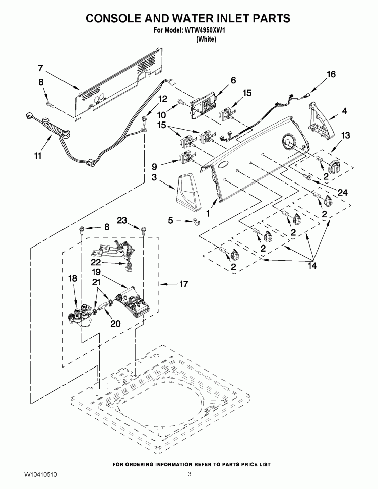 CONSOLE AND WATER INLET PARTS Diagram and Parts List for WTW4950XW1  Whirlpool Washer