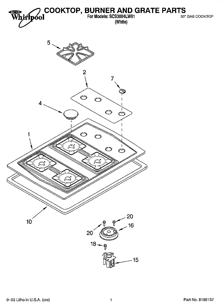 COOKTOP, BURNER AND GRATE PARTS Diagram and Parts List for SCS3004LW01  Whirlpool Cooktop