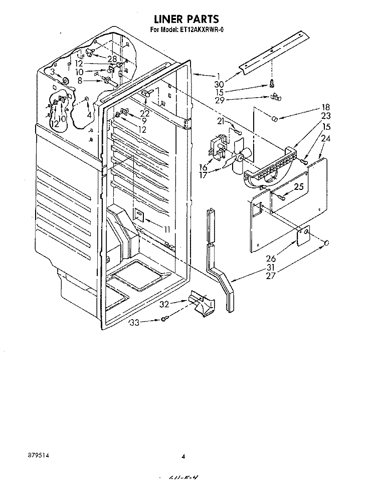 LINER Diagram and Parts List for ET12AKXRWR0  Whirlpool Refrigerator