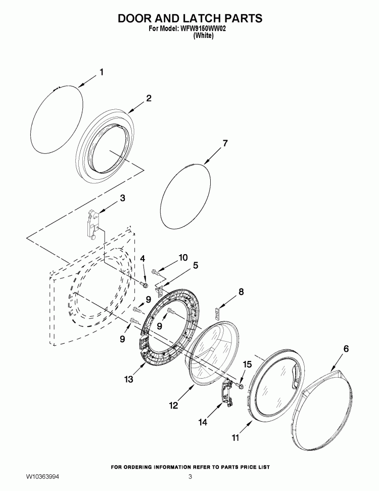 DOOR AND LATCH PARTS Diagram and Parts List for WFW9150WW02  Whirlpool Washer