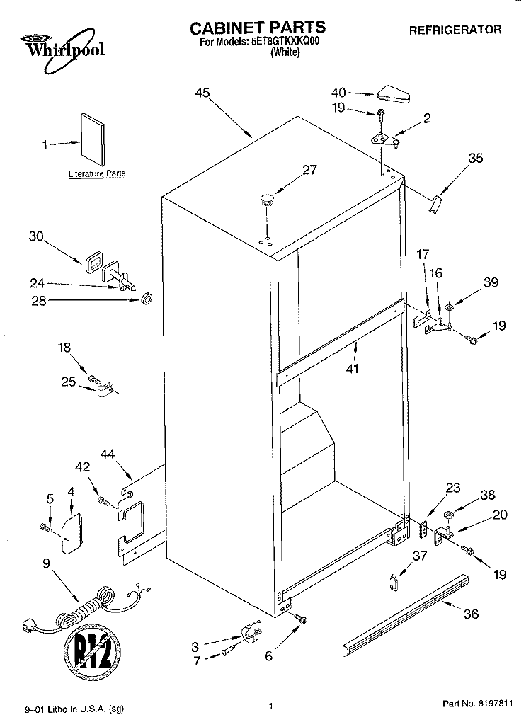 CABINET, LITERATURE Diagram and Parts List for 5ET8GTXKQ00  Whirlpool Refrigerator