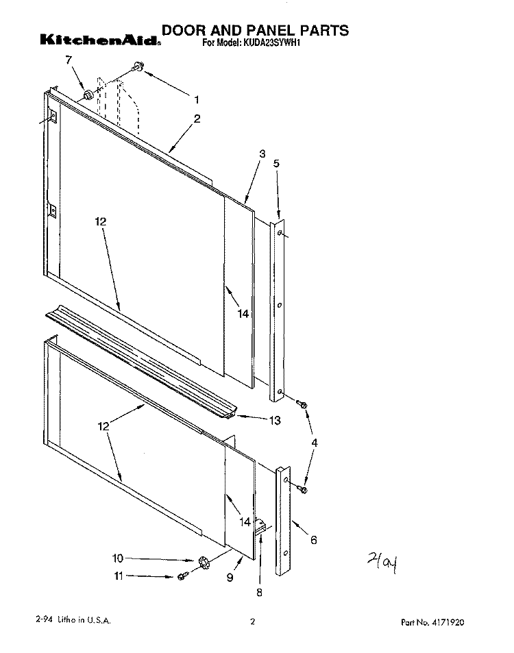 DOOR AND PANEL Diagram and Parts List for KUDA23SYWH1  KitchenAid Dishwasher
