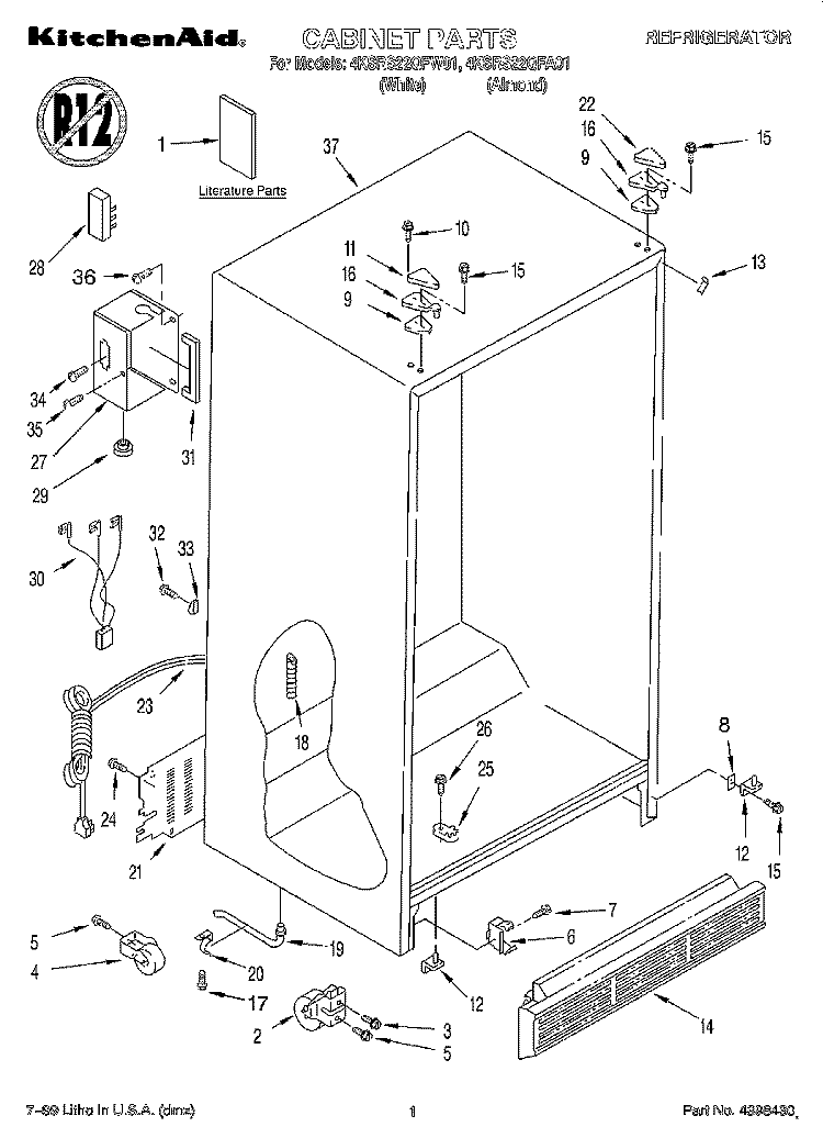 CABINET, LITERATURE Diagram and Parts List for 4KSRS22QFW01  KitchenAid Refrigerator