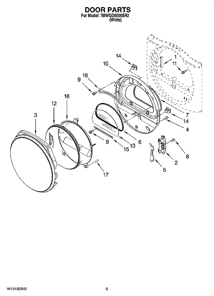 DOOR PARTS, OPTIONAL PARTS (NOT INCLUDED) Diagram and Parts List for 7MWGD8500SR2  Whirlpool Dryer