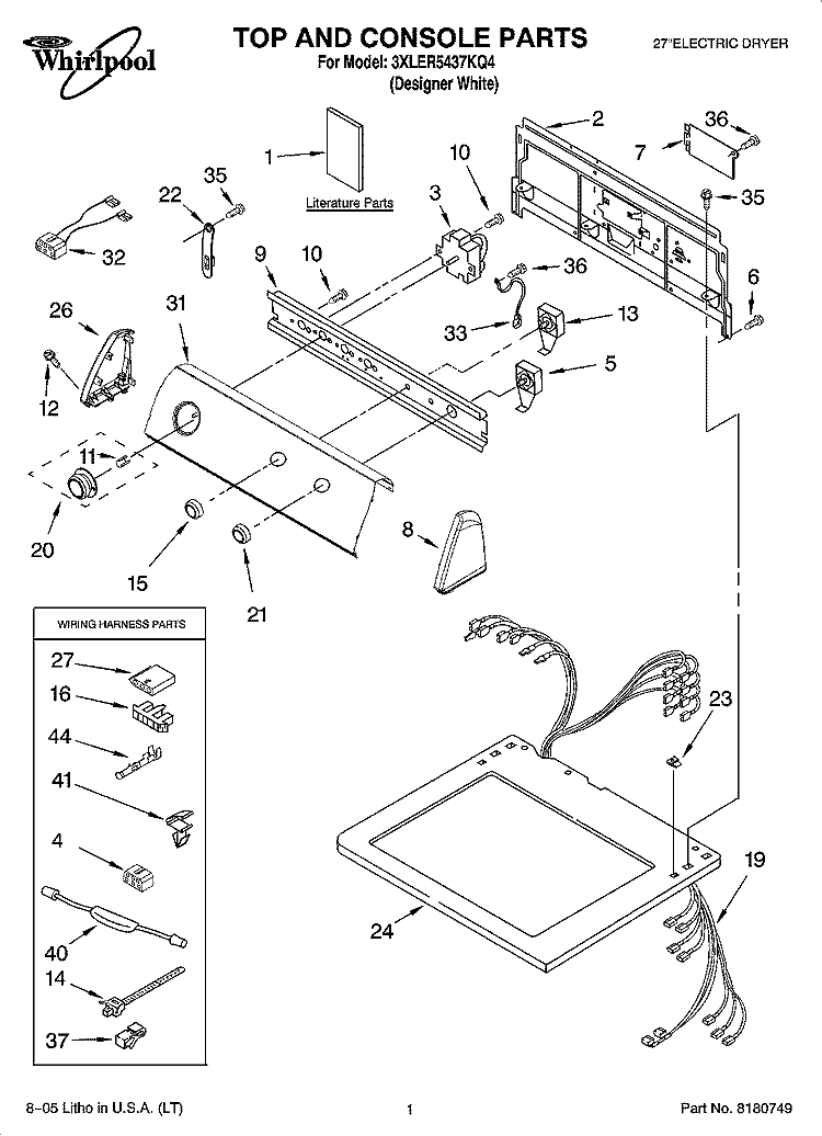 TOP AND CONSOLE PARTS Diagram and Parts List for 3XLER5437KQ4  Whirlpool Dryer