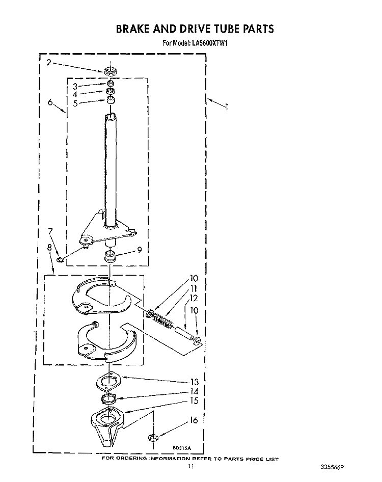 BRAKE AND DRIVE TUBE Diagram and Parts List for LA5800XTF1  Whirlpool Washer