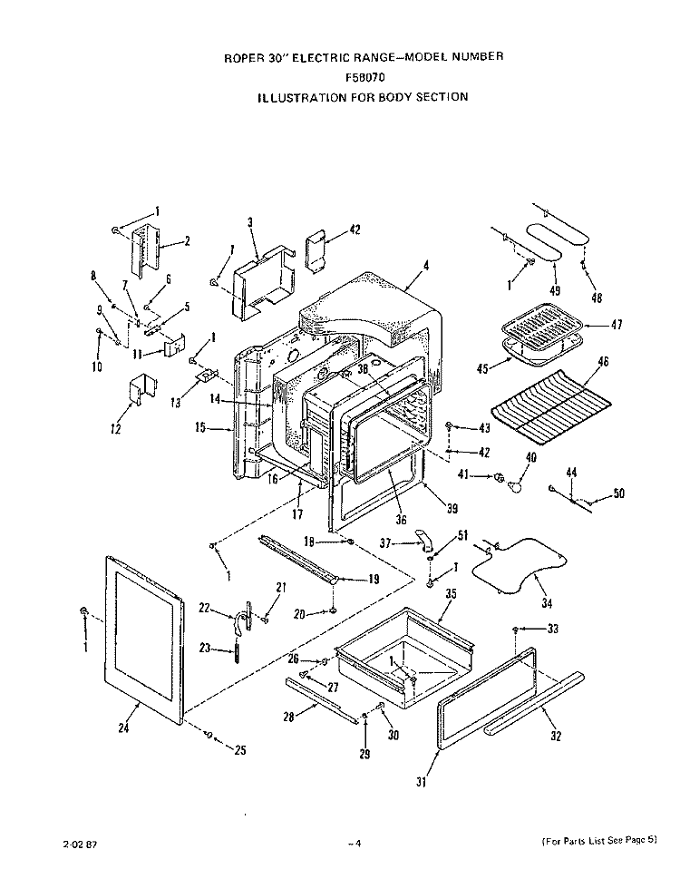 BODY Diagram and Parts List for F5807W0  Roper Range