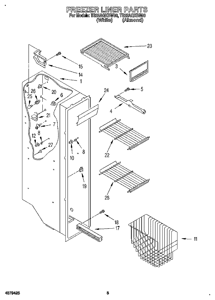 FREEZER LINER Diagram and Parts List for TS25AQXBW00  Estate Refrigerator