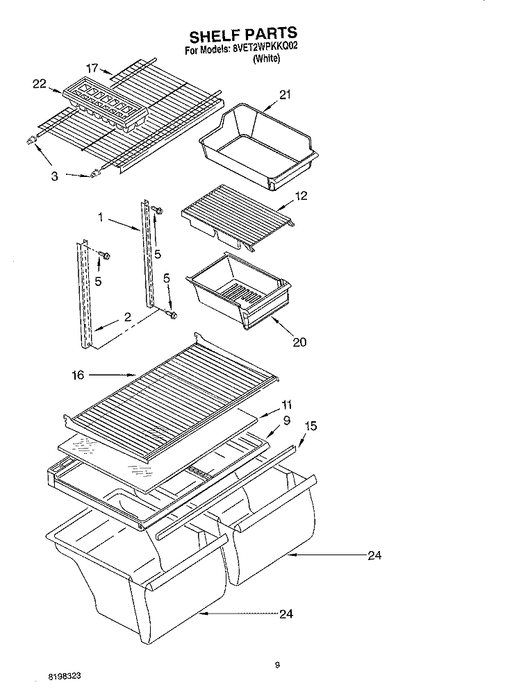 SHELF Diagram and Parts List for 8VET2WPKKQ02  Whirlpool Refrigerator