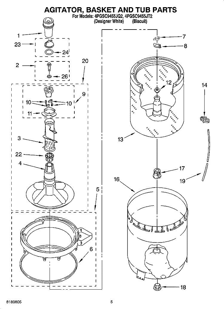 AGITATOR, BASKET AND TUB PARTS Diagram and Parts List for 4PGSC9455JT2  Whirlpool Washer