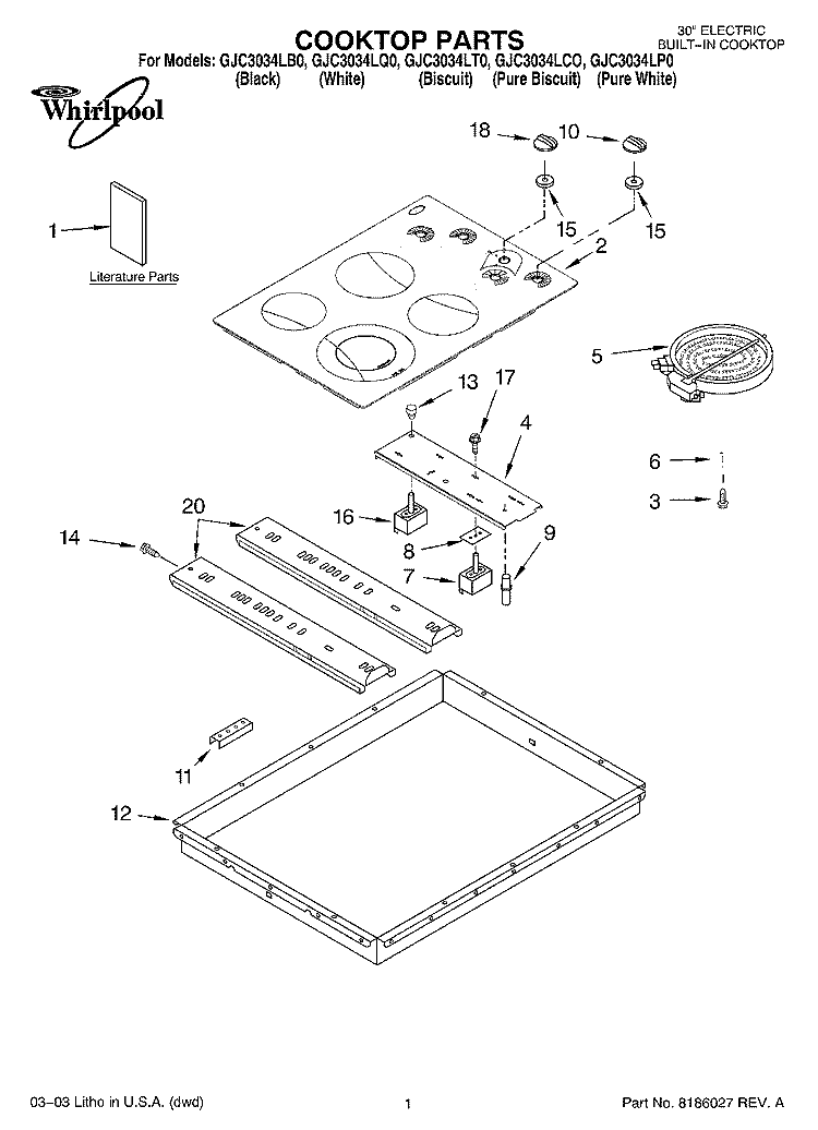 COOKTOP PARTS Diagram and Parts List for GJC3034LB0  Whirlpool Cooktop