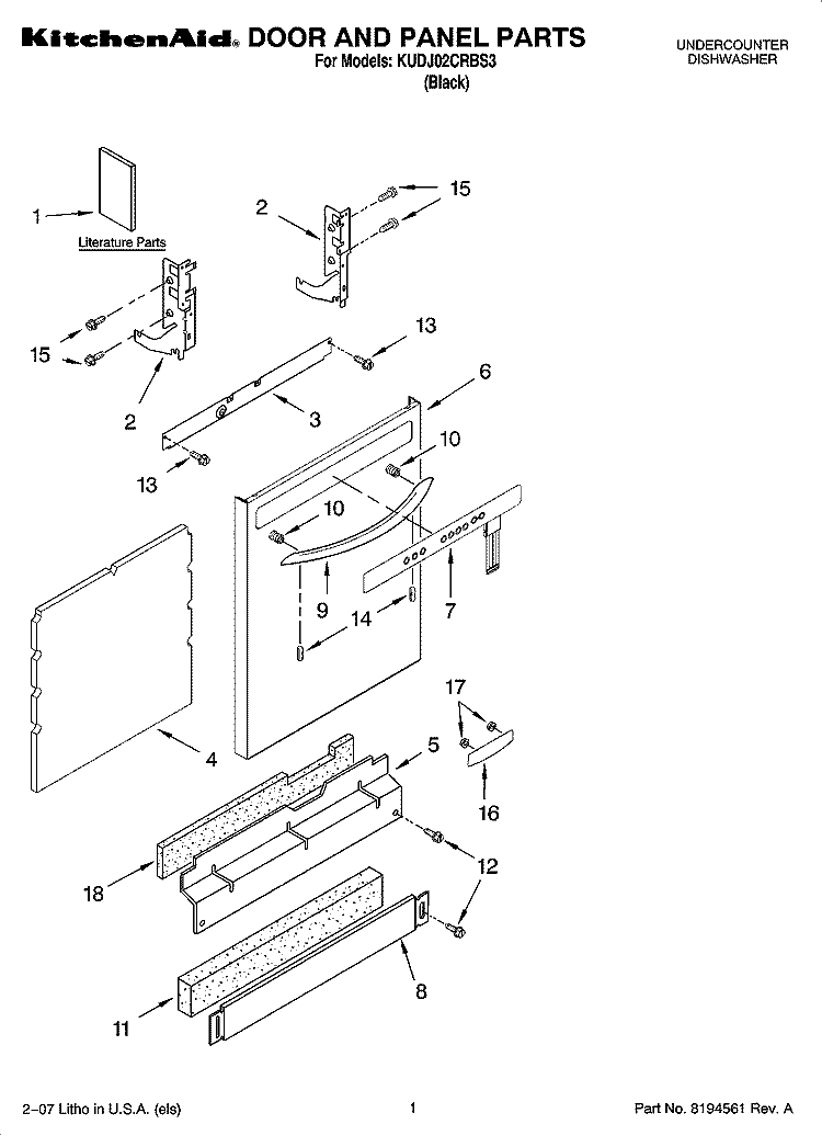 DOOR AND PANEL PARTS Diagram and Parts List for KUDJ02CRBS3  KitchenAid Dishwasher