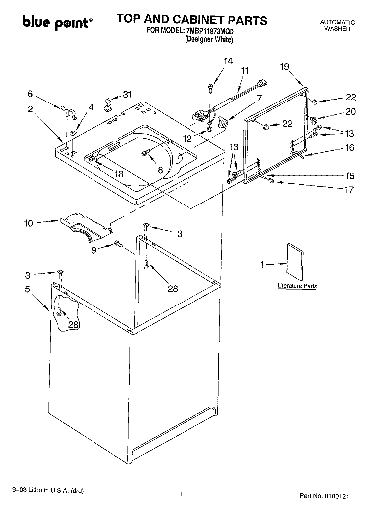 TOP AND CABINET PARTS Diagram and Parts List for 7MBP11973MQ0  Whirlpool Washer