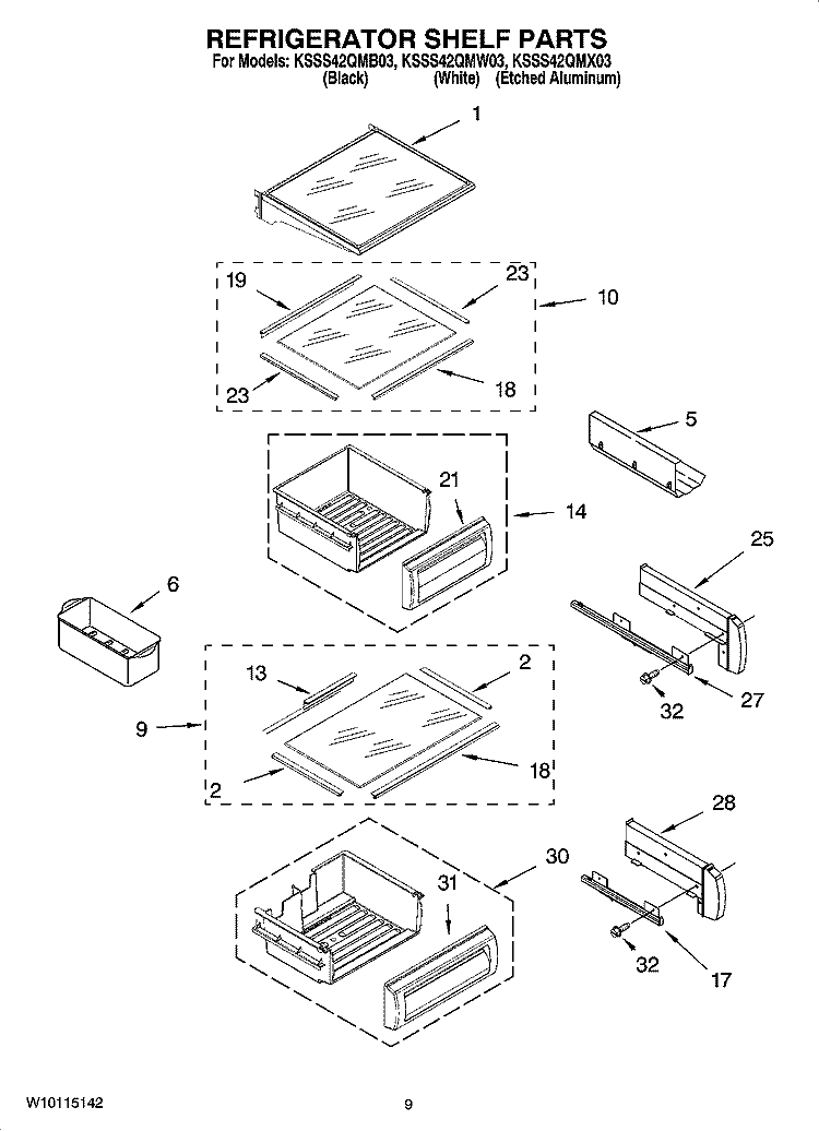 REFRIGERATOR SHELF PARTS Diagram and Parts List for KSSS42QMW03  KitchenAid Refrigerator