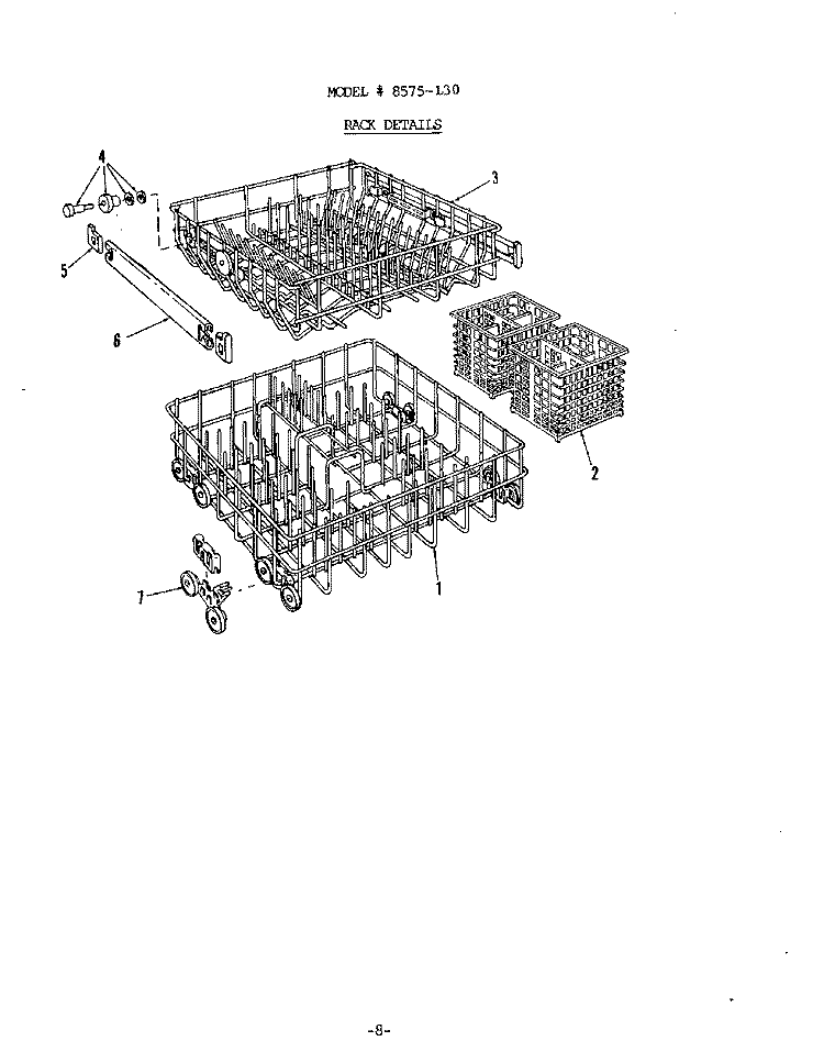 RACK Diagram and Parts List for 8575L20  Roper Dishwasher