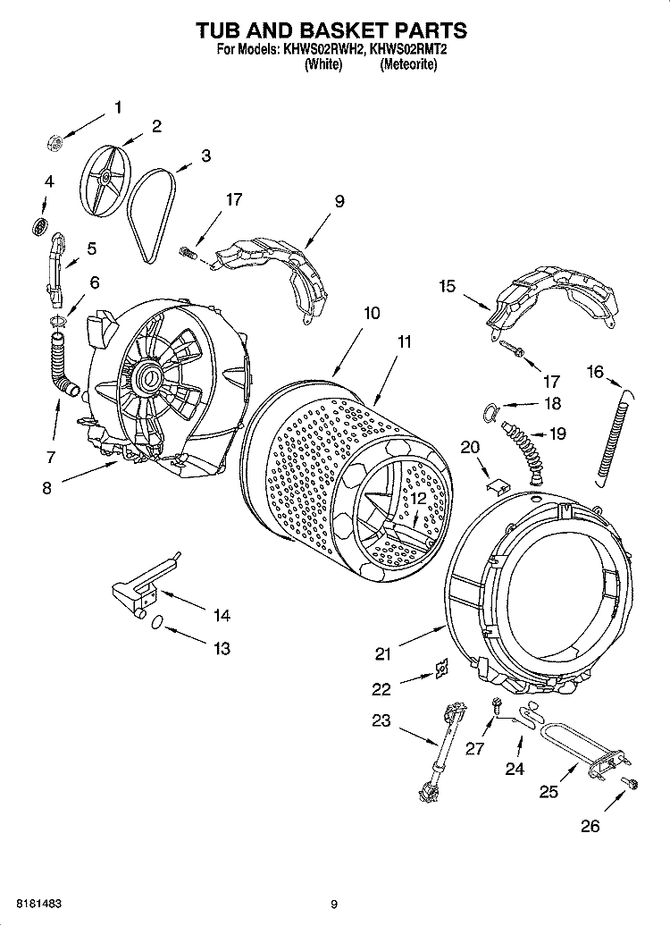 TUB AND BASKET PARTS Diagram and Parts List for KHWS02RMT2  KitchenAid Washer