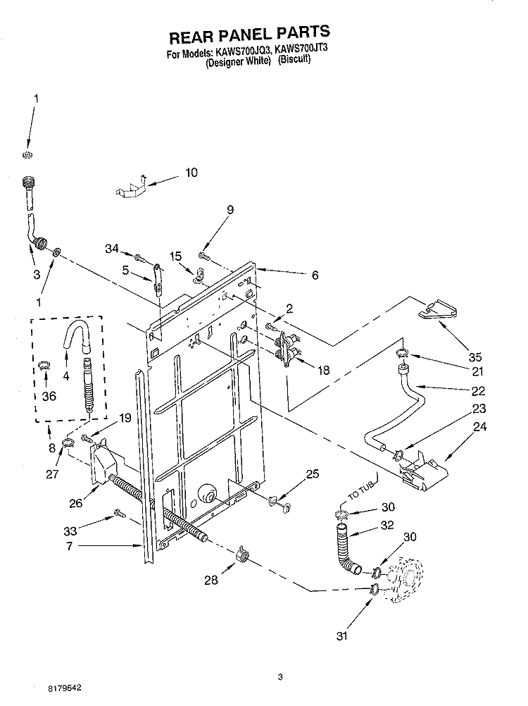 REAR PANEL Diagram and Parts List for KAWS700JT3  KitchenAid Washer