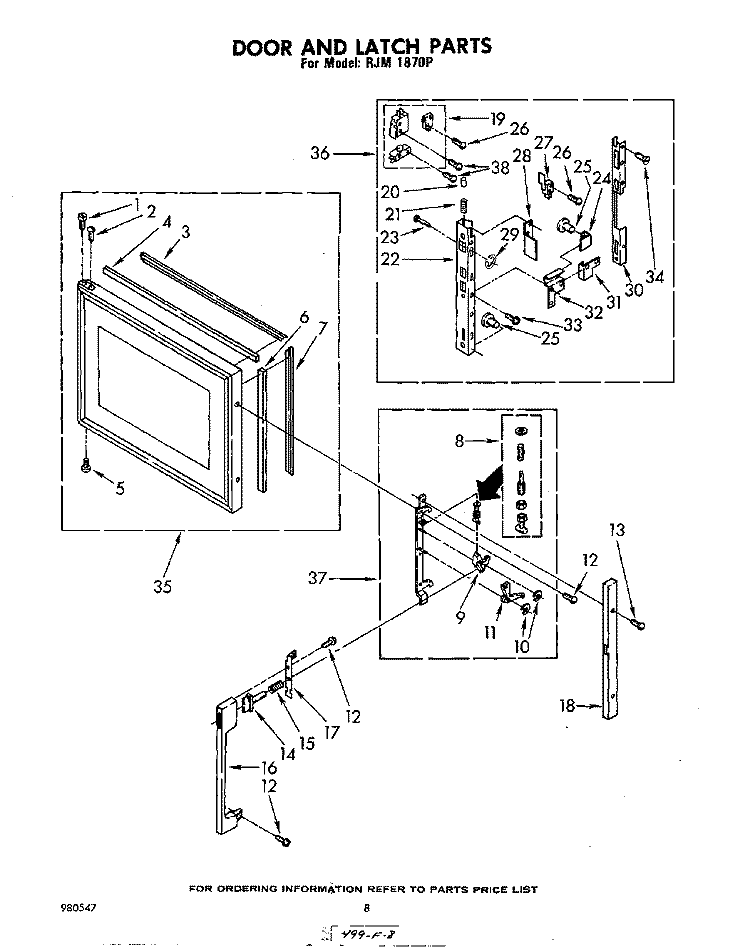 DOOR AND LATCH Diagram and Parts List for RJM1870P  Whirlpool Microwave Oven Combo