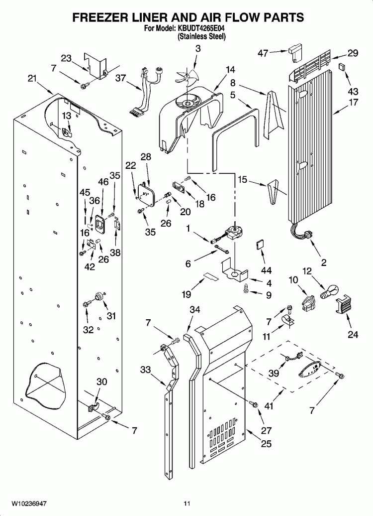 FREEZER LINER AND AIR FLOW PARTS Diagram and Parts List for KBUDT4265E04  KitchenAid Refrigerator