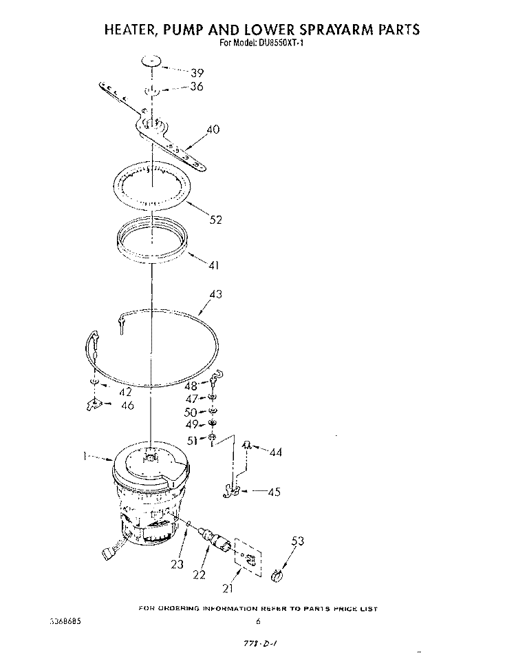 HEATER, PUMP AND LOWER SPRAY ARM Diagram and Parts List for DU8550XT1  Whirlpool Dishwasher