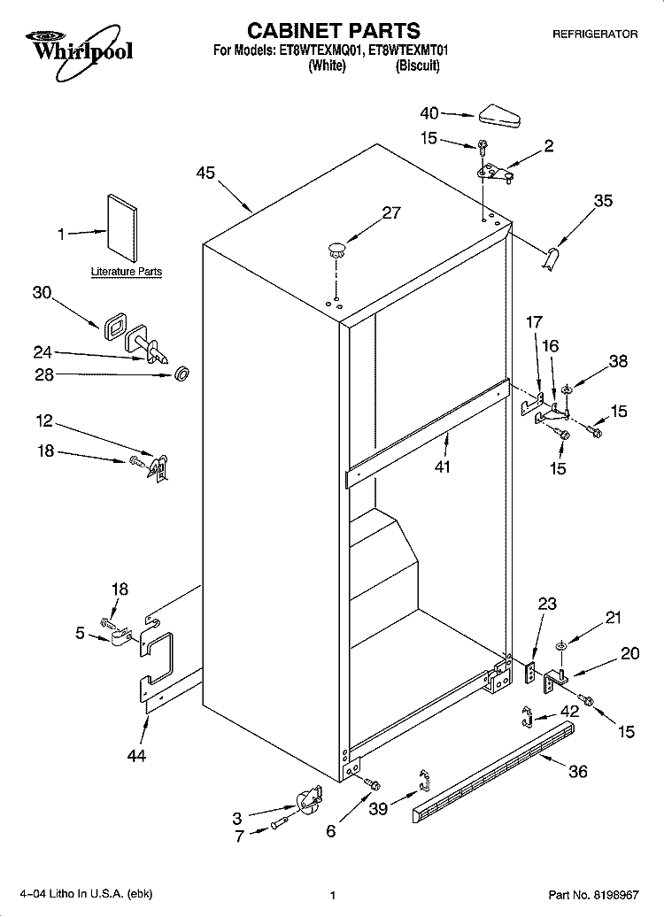 CABINET PARTS Diagram and Parts List for ET8WTEXMT01  Whirlpool Refrigerator