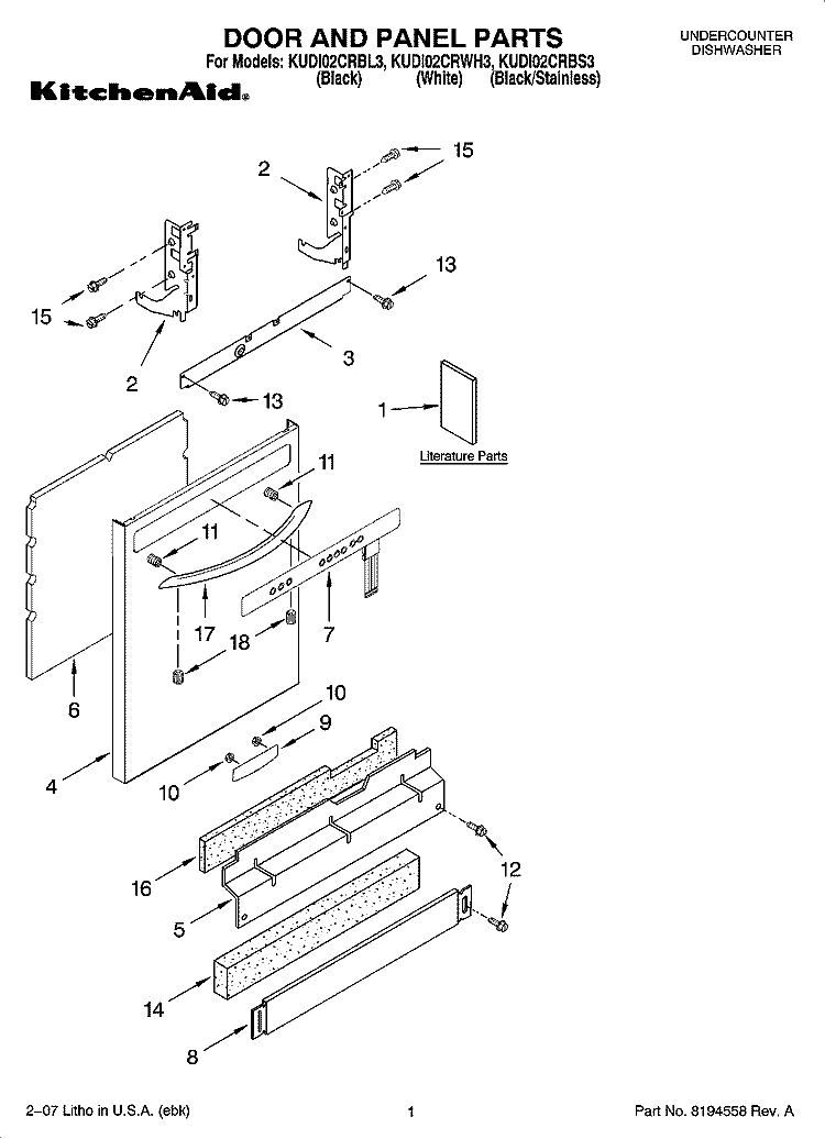 DOOR AND PANEL PARTS Diagram and Parts List for KUDI02CRWH3  KitchenAid Dishwasher