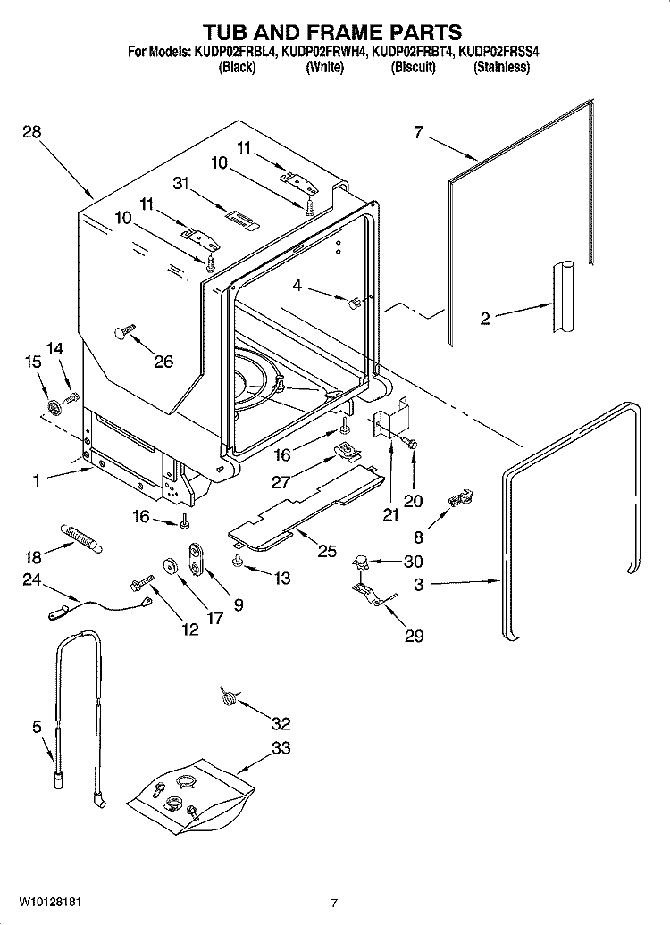 TUB AND FRAME PARTS Diagram and Parts List for KUDP02FRBL4  KitchenAid Dishwasher