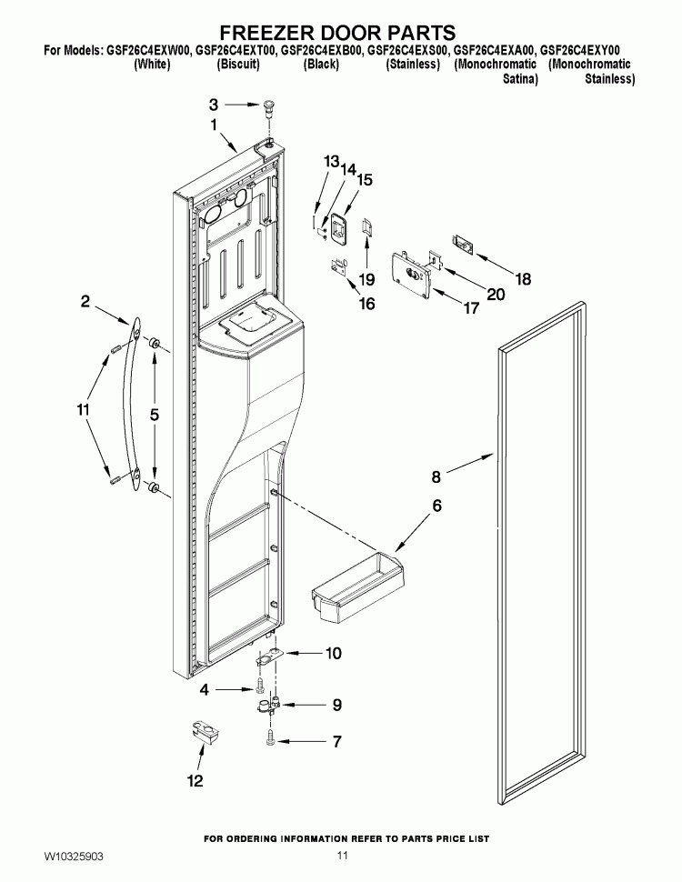 FREEZER DOOR PARTS Diagram and Parts List for GSF26C4EXW00  Whirlpool Refrigerator