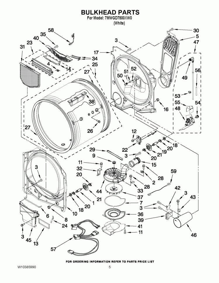 BULKHEAD PARTS Diagram and Parts List for 7MWGD7800XW0  Whirlpool Dryer