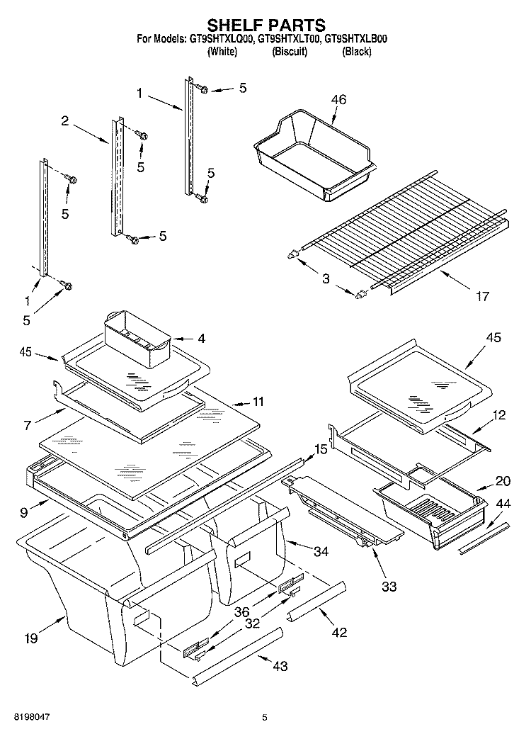 SHELF Diagram and Parts List for GT9SHTXLB00  Whirlpool Refrigerator