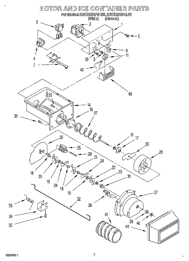 MOTOR AND ICE CONTAINER Diagram and Parts List for KSCS22QFAL00  KitchenAid Refrigerator