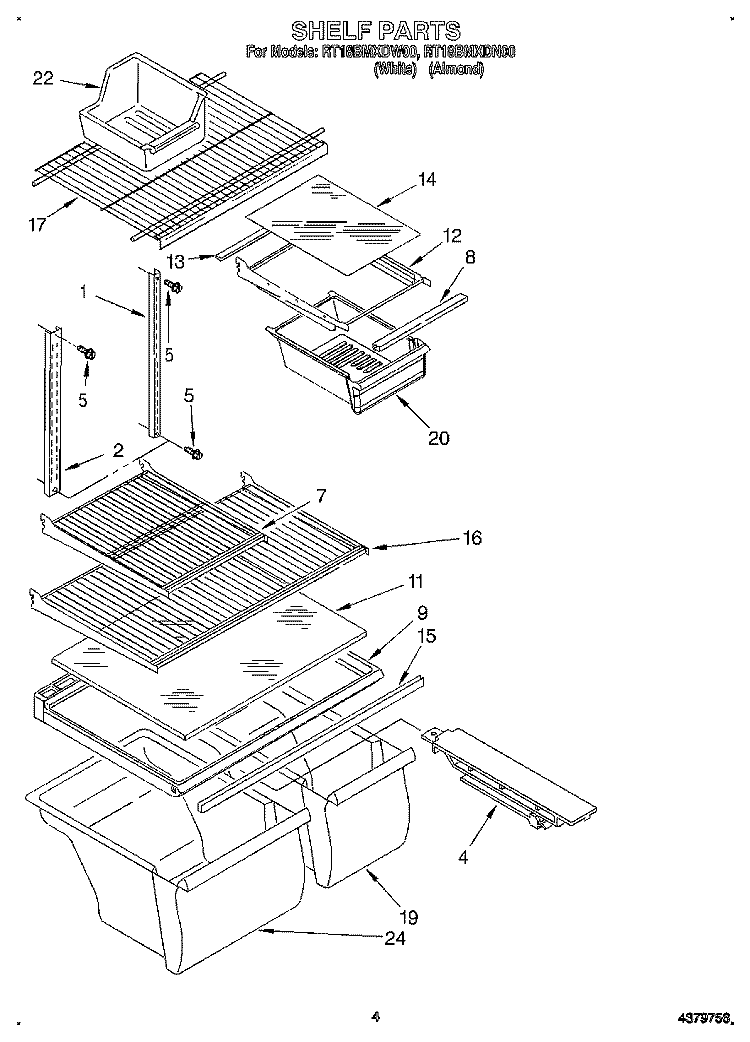 SHELF Diagram and Parts List for RT18BMXDW00  Roper Refrigerator