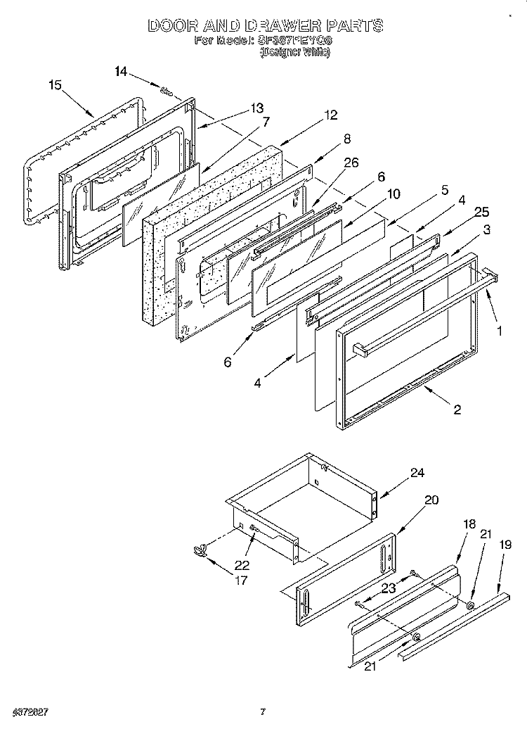 DOOR & DRAWER Diagram and Parts List for SF387PEYQ8  Whirlpool Range