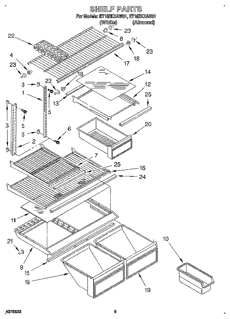 SHELF Diagram and Parts List for ET18ZKXAN01  Whirlpool Refrigerator
