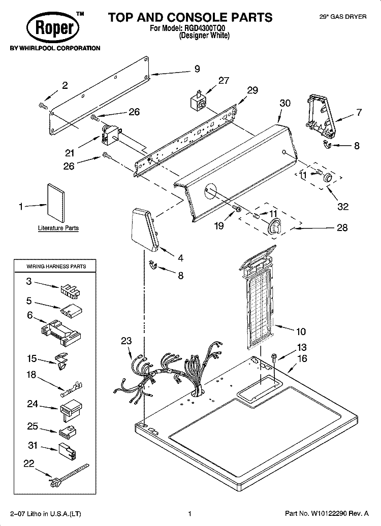 TOP AND CONSOLE PARTS Diagram and Parts List for RGD4300TQ0  Roper Dryer