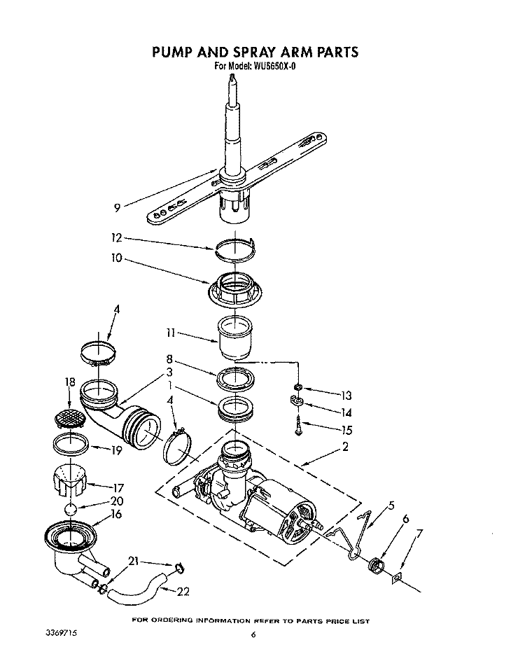PUMP AND SPRAY ARM Diagram and Parts List for WU5650X0  Roper Dishwasher