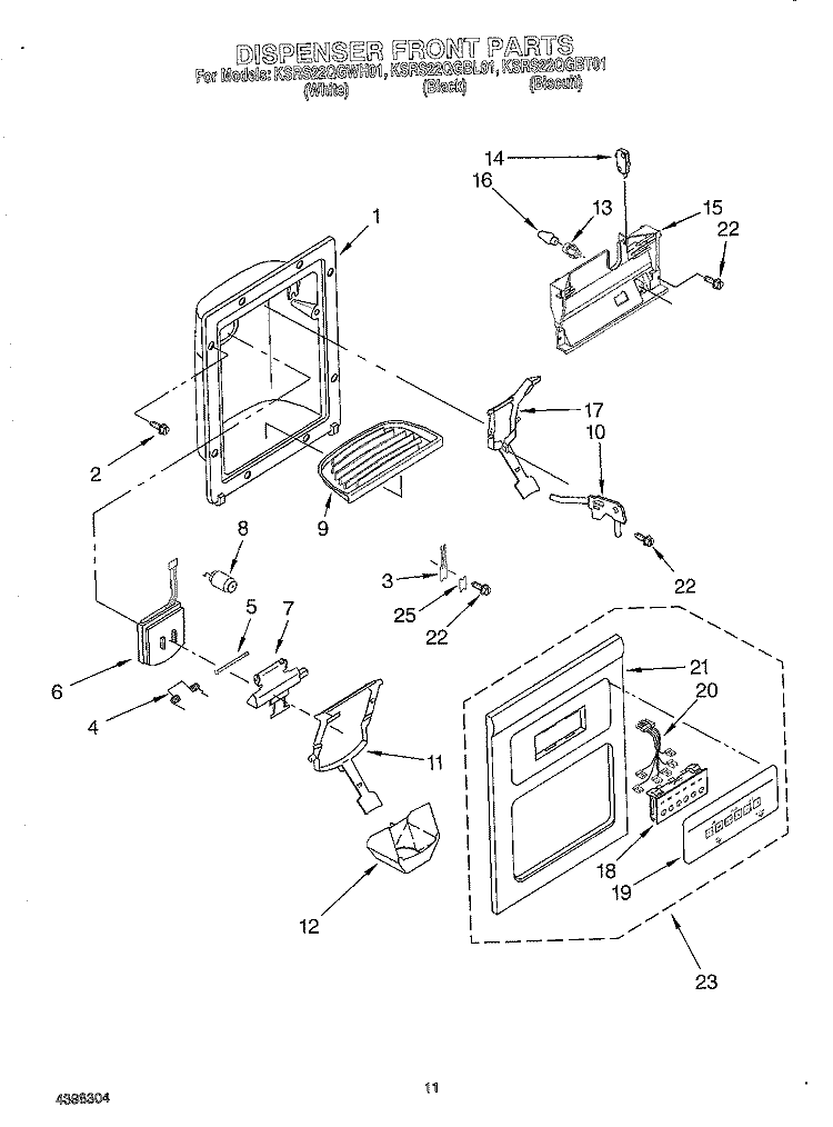 DISPENSER FRONT Diagram and Parts List for KSRS22QGWH01  KitchenAid Refrigerator